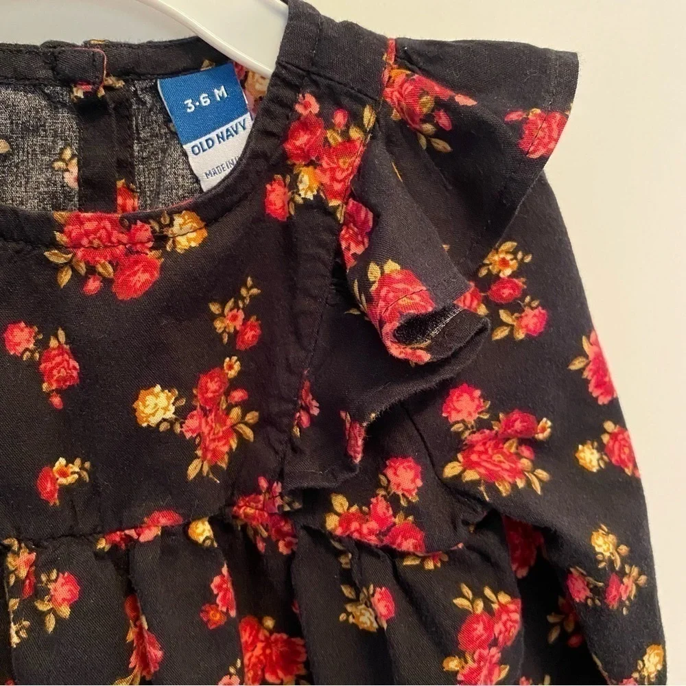 OLD Navy Baby Infant Girls Black & Floral Long Sleeve Dress Size 3-6 Months